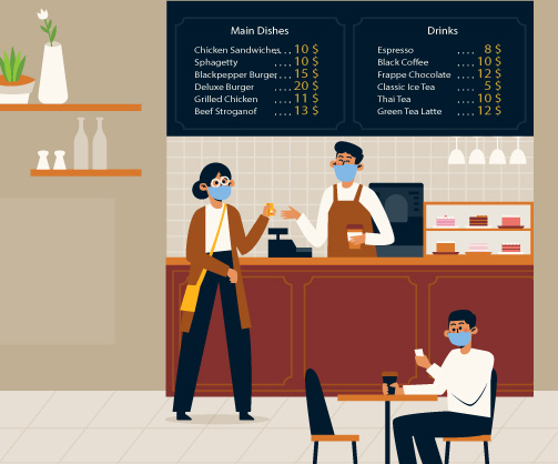 Personas en una cafeteria guardando distanciamiento